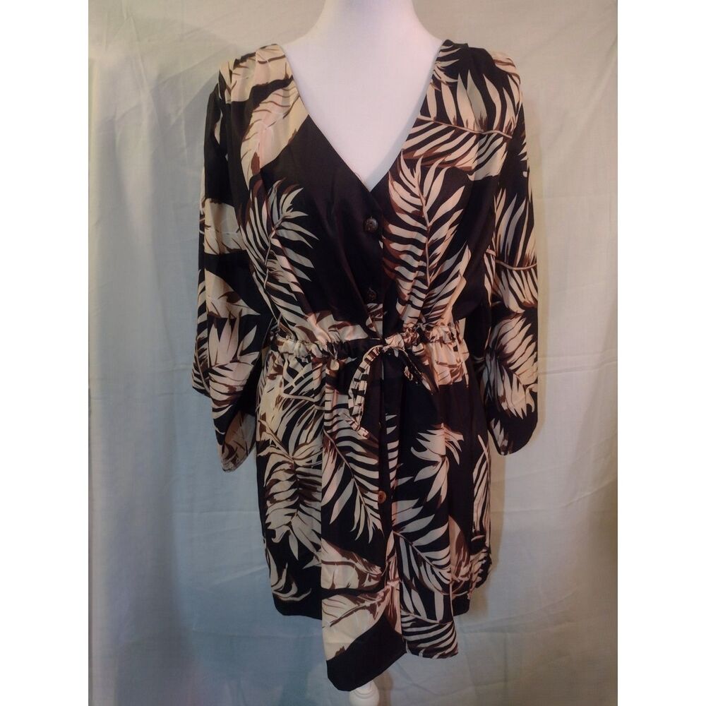 Tropical Leaf Print Kimono Dress Size L Black Ivory Button Tie Waist Mini
